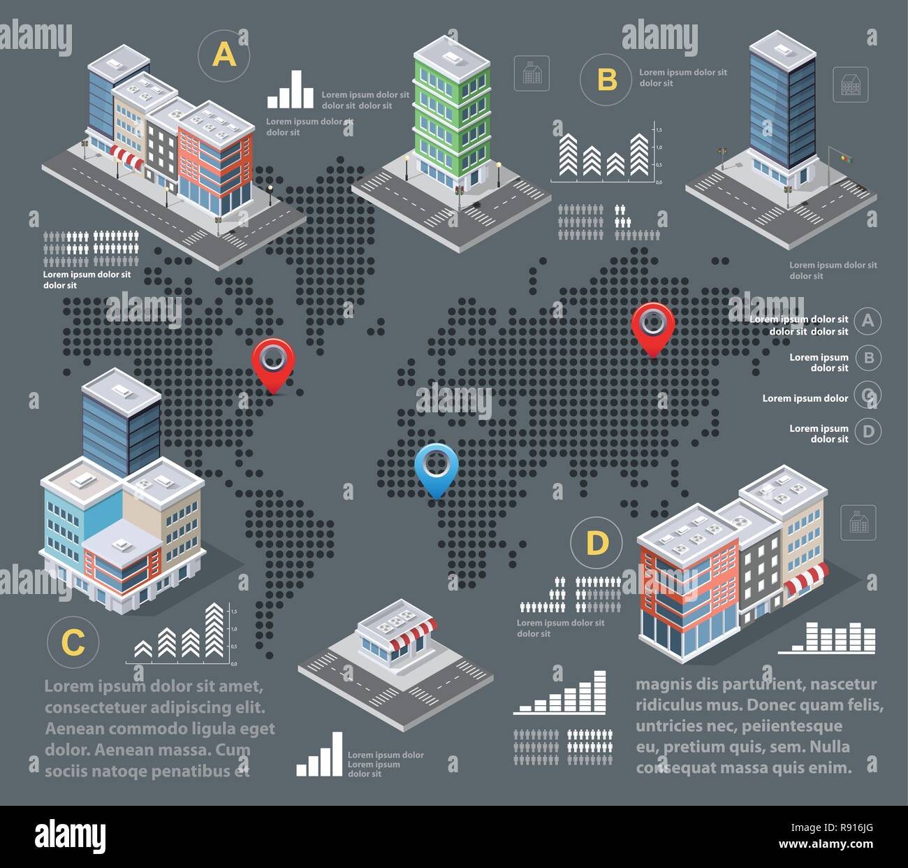 Urban area isometrica della città con infrastrutture di trasporto, strade, case Illustrazione Vettoriale