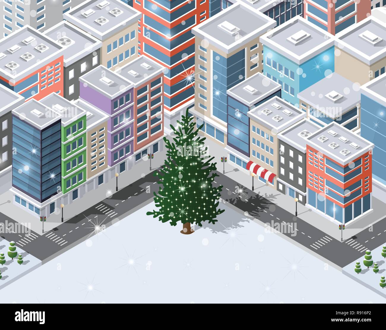 Natale winter city sullo sfondo di edifici e case, negozi e uffici, caffè con snowy abeti Illustrazione Vettoriale