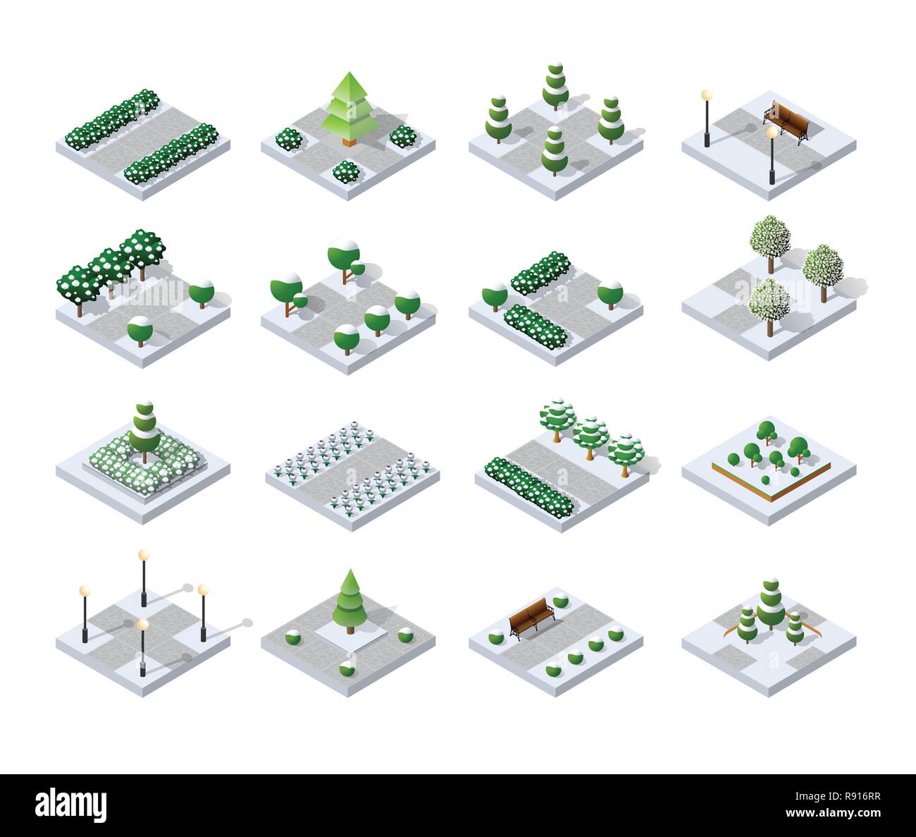 Serie di neve snowbound inverno alberi di Natale, parchi e cespugli di infrastrutture urbane per la costruzione di una città isometrica Illustrazione Vettoriale