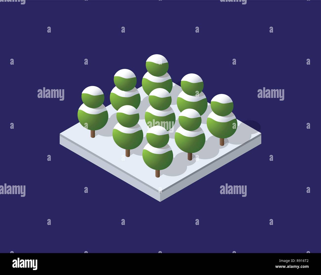 Snowbound neve inverno alberi di Natale, parchi e cespugli di infrastrutture urbane per la costruzione di una città isometrica Illustrazione Vettoriale