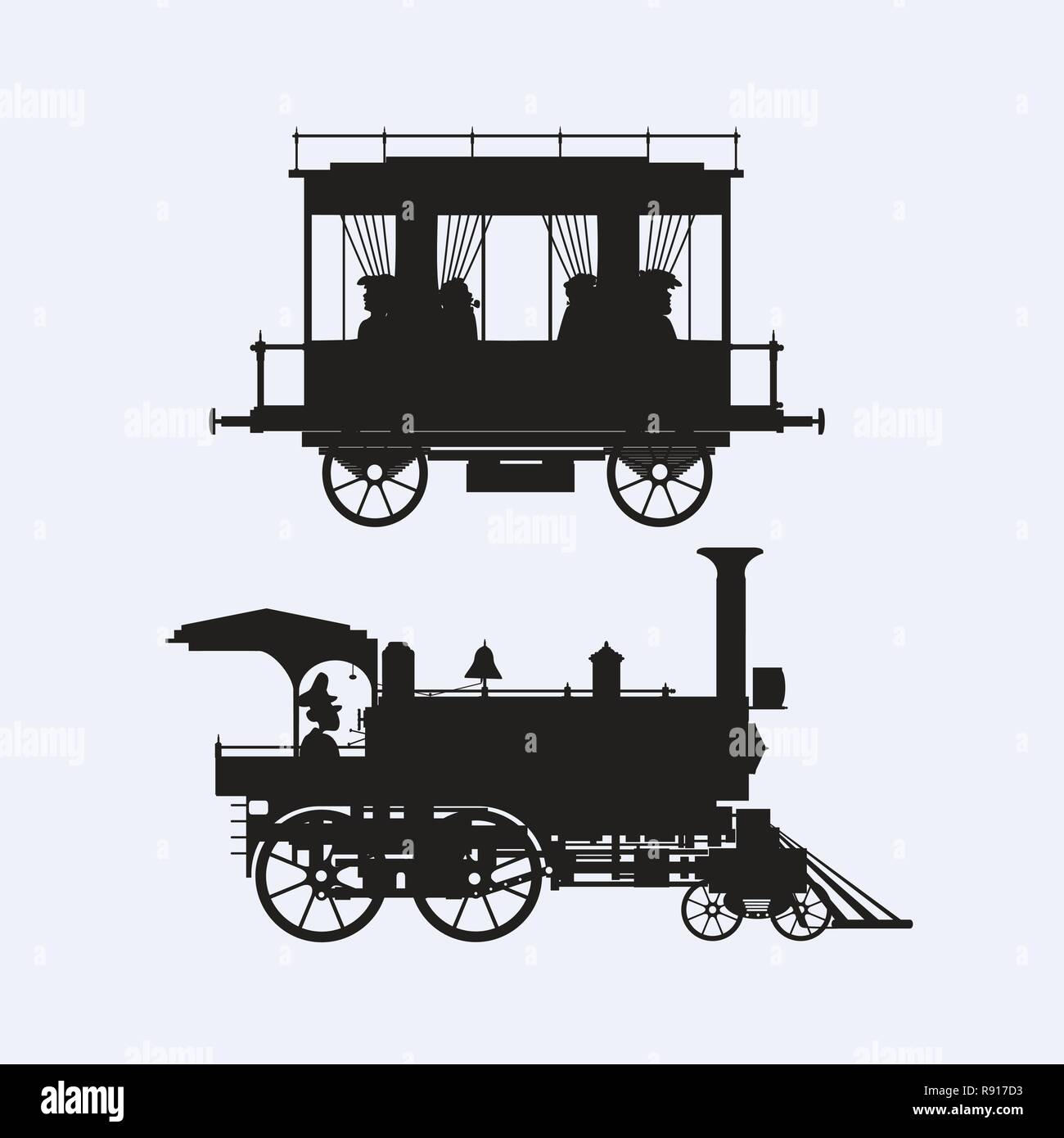 Set di design elementi della città di una vecchia locomotiva vintage silhouette treno con carro Illustrazione Vettoriale