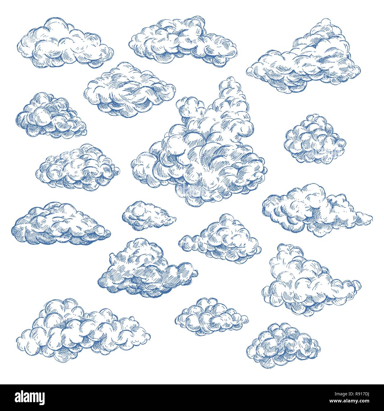 Schizzo di cielo con nuvole bianche. Atmosfera, cielo. Illustrazione Vettoriale