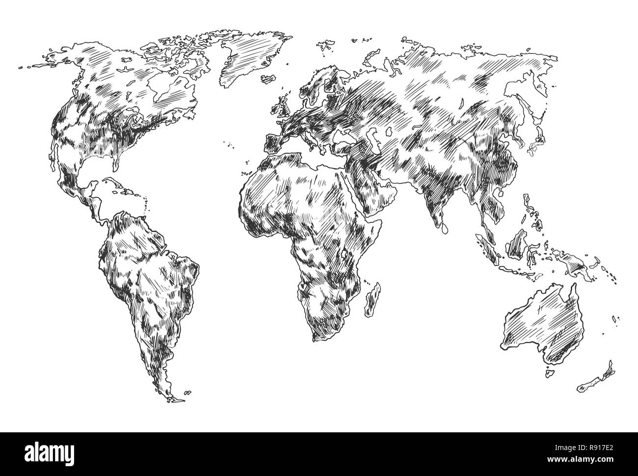 Schizzo di terra mappa del mondo. Disegnata a mano continenti Illustrazione Vettoriale