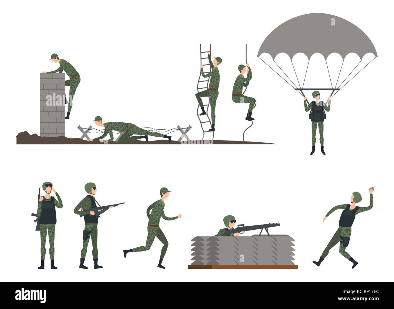 Set di soldati isolata facendo esercizi. Militare Illustrazione Vettoriale