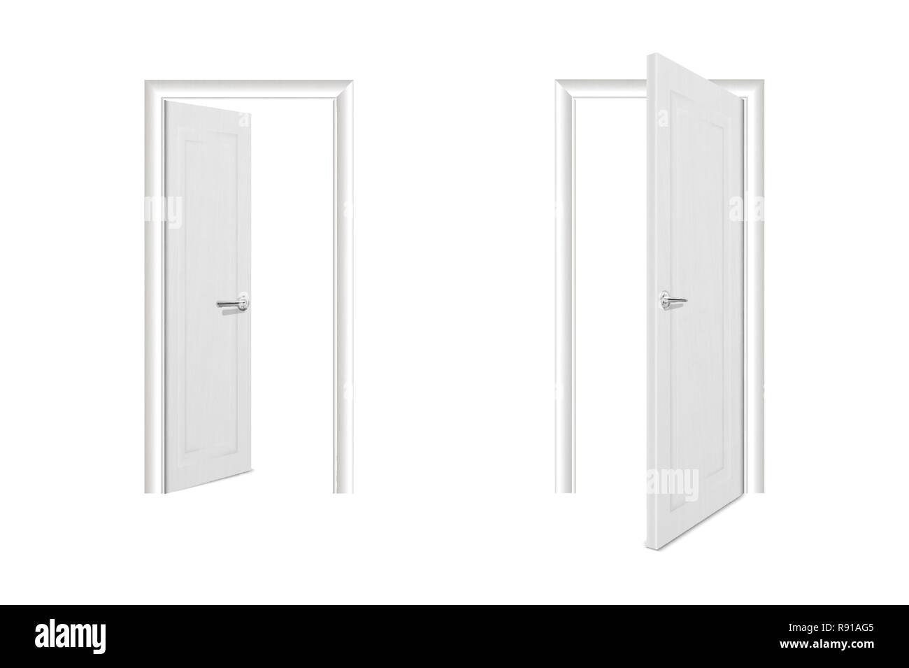 Vettore diverso realistico aperto e chiuso bianco porta in legno icona impostare Closeup isolati su sfondo bianco. Elementi di Architettura. Il design del modello classico della porta di casa per la grafica. Vista frontale Illustrazione Vettoriale