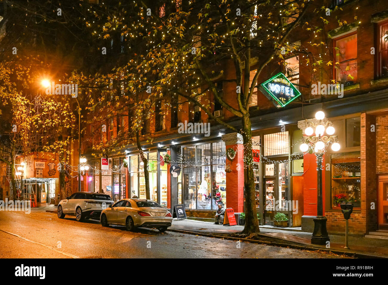 Winters Hotel, notte, Gastown, Vancouver, British Columbia, Canada Foto Stock