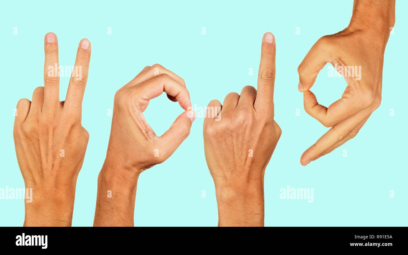 Gli uomini le mani formando il numero 2019, come il nuovo anno, su uno sfondo blu Foto Stock