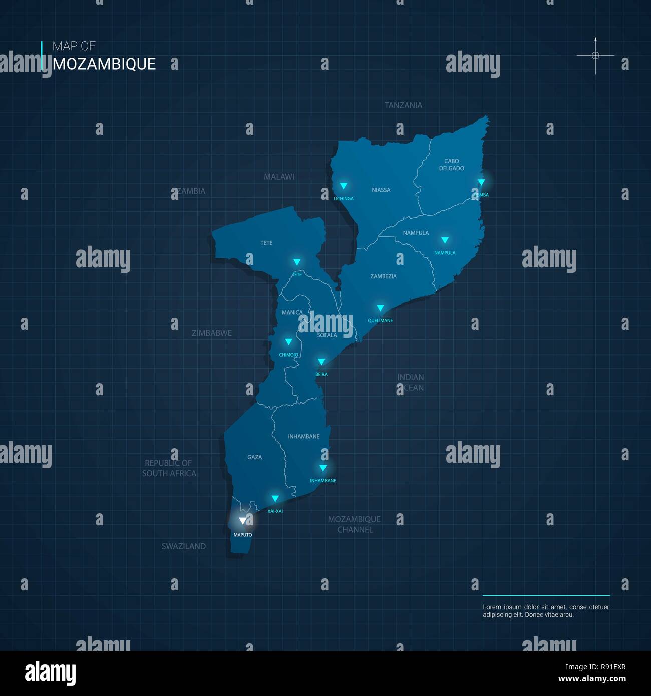 Vector Mozambico mappa illustrazione con neon blu lightpoints - triangolo sul blu scuro gradiente dello sfondo. Illustrazione Vettoriale