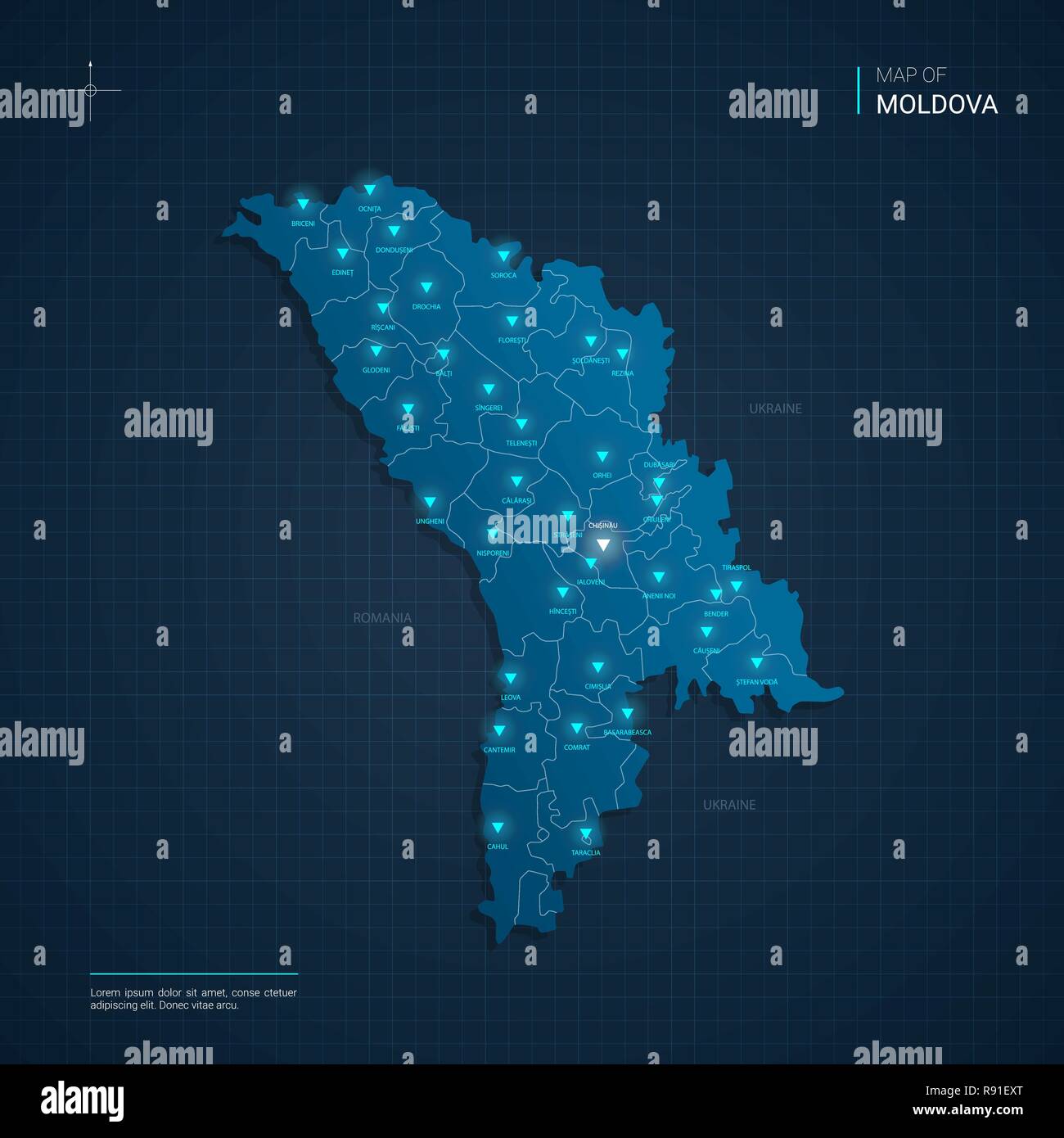 Vector Moldavia mappa illustrazione con neon blu lightpoints - triangolo sul blu scuro gradiente dello sfondo. Illustrazione Vettoriale