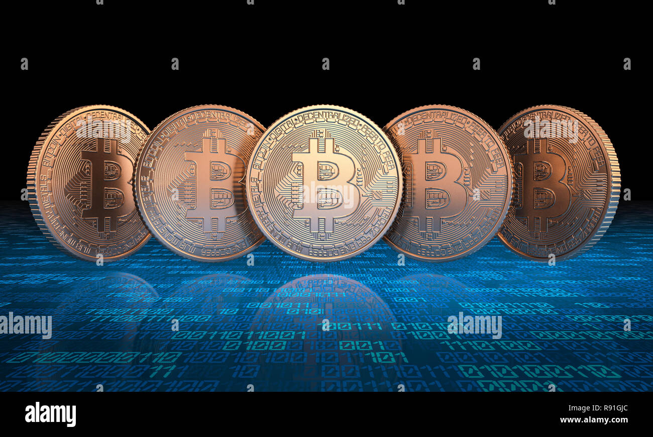 Golden 3d rendering bitcoin moneta e il codice binario sfondo Foto Stock