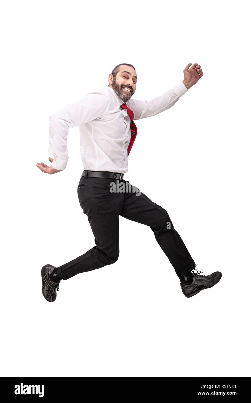 Businessman jumping pongono isolati su sfondo bianco Foto Stock
