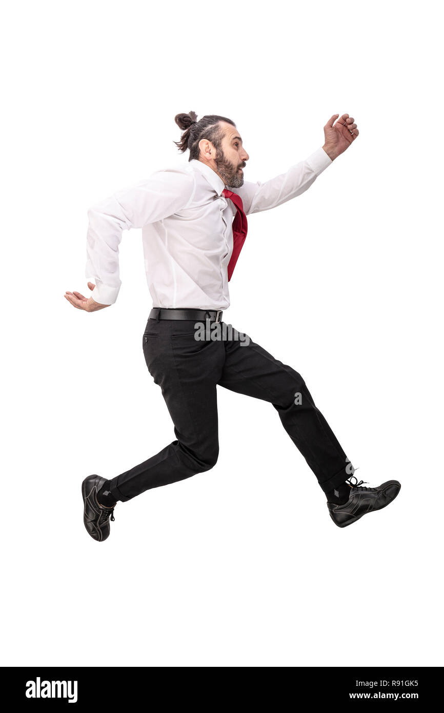 Businessman jumping pongono isolati su sfondo bianco Foto Stock