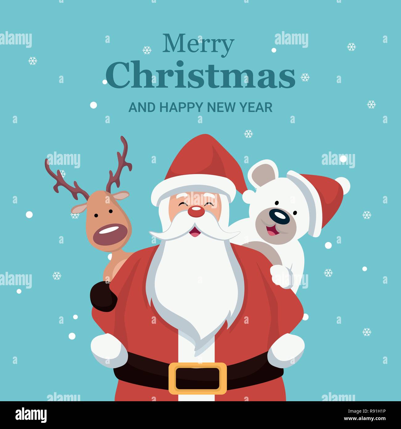 Scheda di Natale di santa claus, la renna e il pupazzo di neve Illustrazione Vettoriale