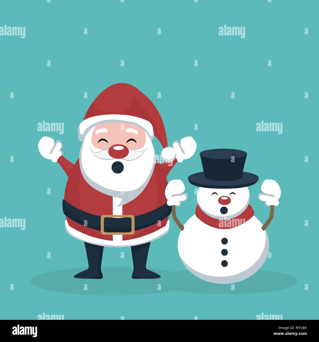 Babbo Natale e pupazzo di neve alzando le mani Illustrazione Vettoriale