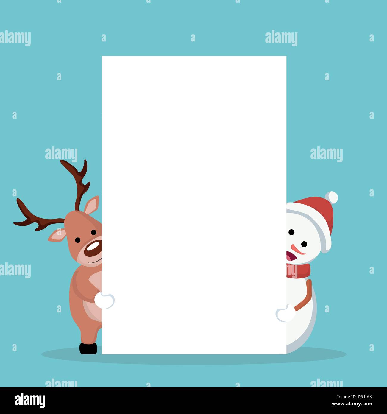 Scheda di Natale di pupazzo di neve e renne per scrivere Illustrazione Vettoriale