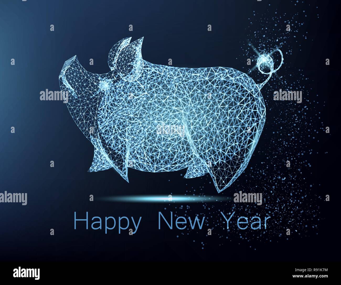Felice Anno Nuovo biglietto di auguri con cute di maiale poligonale su sfondo blu. Cartolina luminosi per le vacanze. Illustrazione Vettoriale Illustrazione Vettoriale