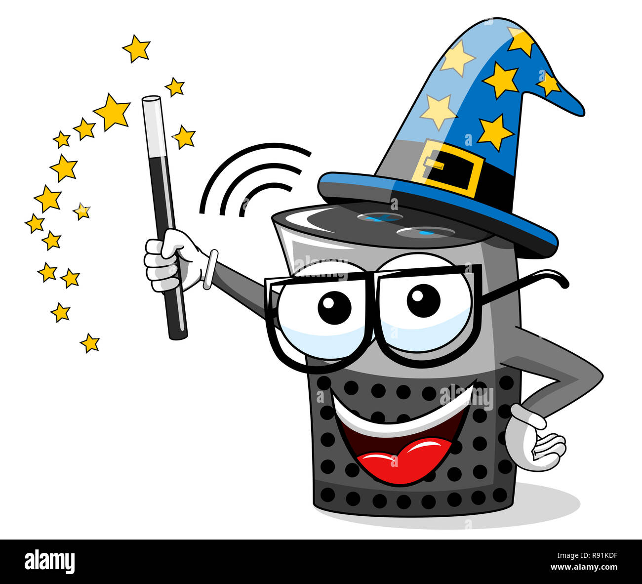 Smart speaker cartoon funny wizard magic stick isolato su bianco Foto Stock