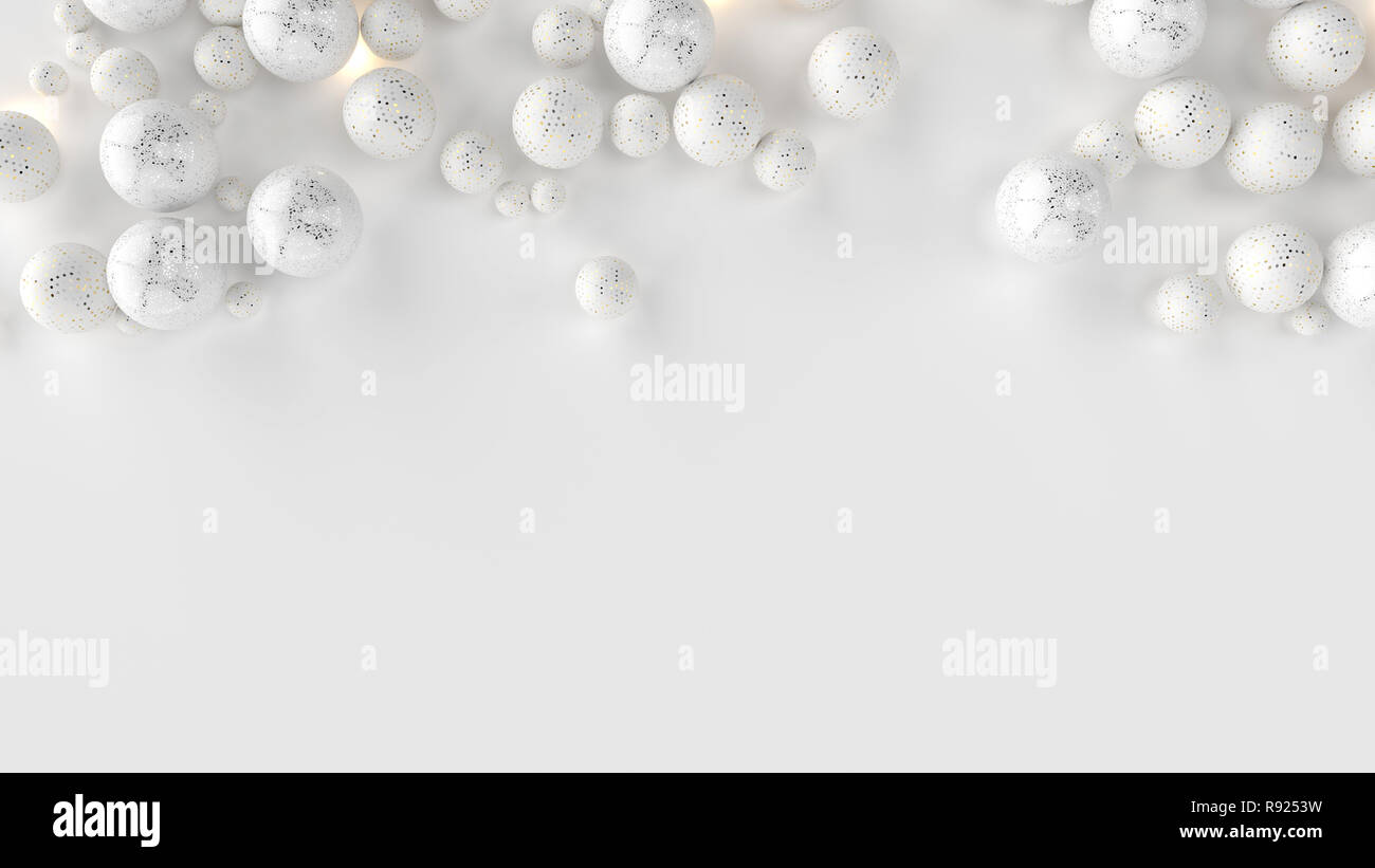 Abstract celebrazione bianco sullo sfondo glitter con le sfere e le luci calde. 3D render illustrazione Foto Stock