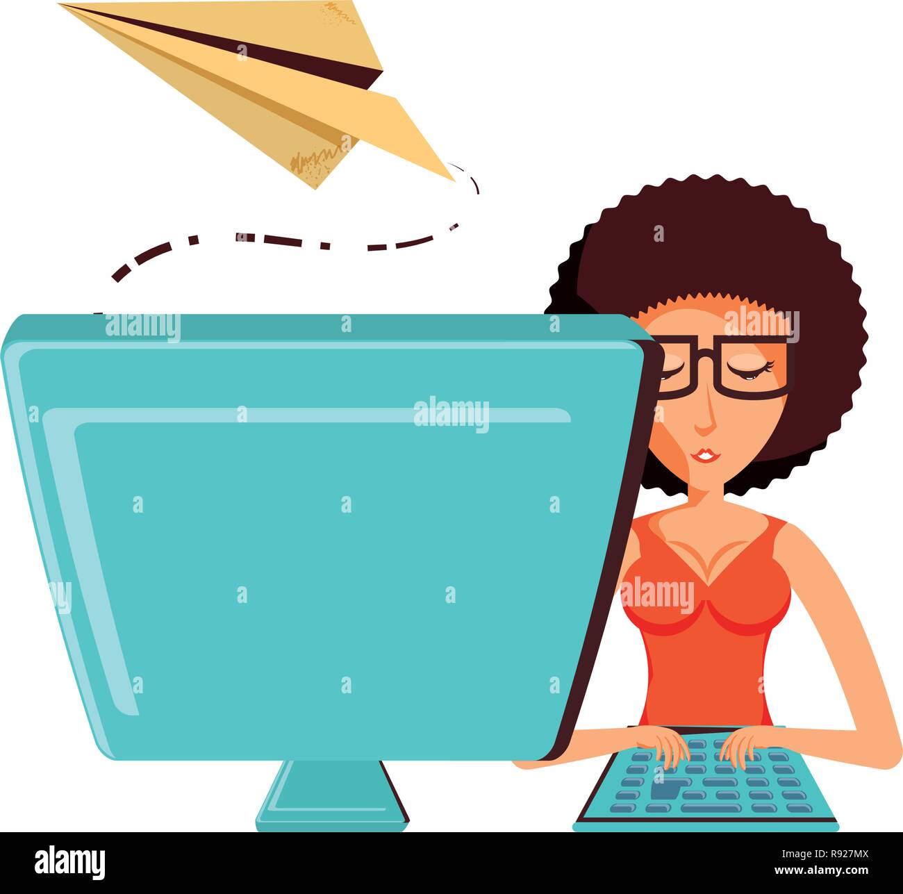Donna con computer desktop e di aeroplano di carta illustrazione vettoriale design Illustrazione Vettoriale