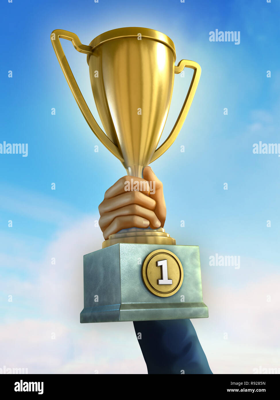 Maschio di alzata di mano un trofeo verso il cielo. 3D'illustrazione. Foto Stock