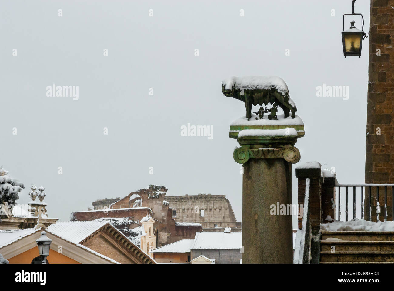 Congelati Roma. Il leggendario Lupo capitolino con royal twins simbolo della città, sulla sommità del colle del Campidoglio, coperto di neve (con copia spazio) Foto Stock