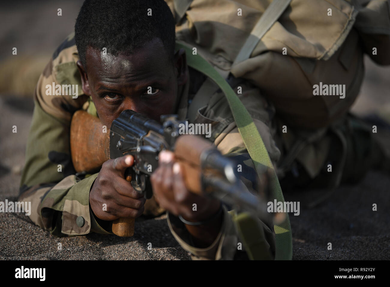 Un abitante del Gibuti soldato con il rapido intervento del battaglione di fanteria durante le tattiche e le procedure della formazione insegnato dalla U.S. Forze Dicembre 18, 2018 vicino a Gibuti, Gibuti. Foto Stock