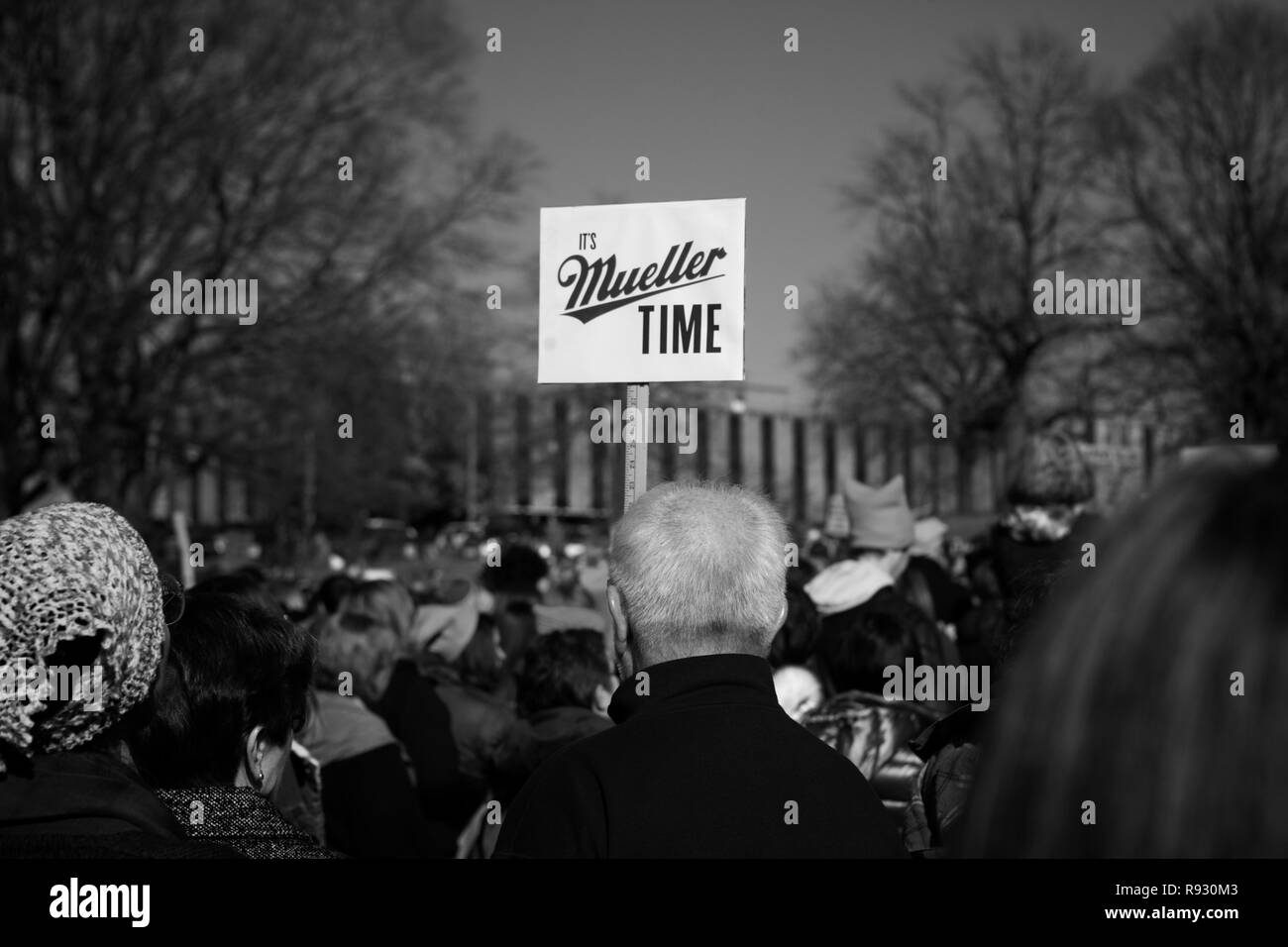 Des Moines, Iowa, Stati Uniti d'America - 20 Gennaio 2018: è tempo di Mueller - segno di protesta visto all'Iowa donna al Rally Iowa State Capitol. Foto Stock