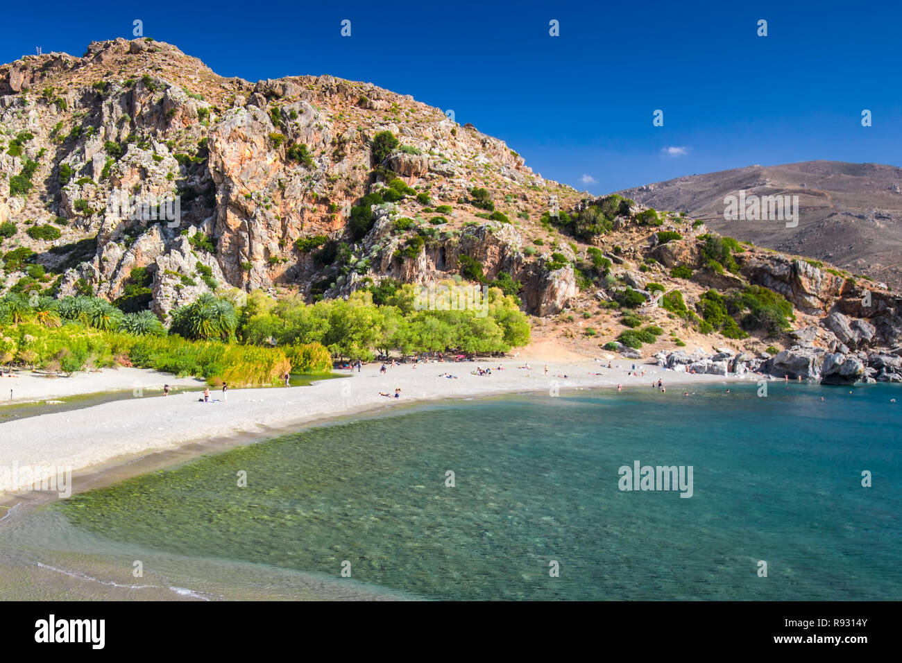 Preveli beach sull'isola di Creta con azure acqua chiara, la Grecia, l'Europa. Creta è la più grande e la più popolata delle isole greche. Foto Stock