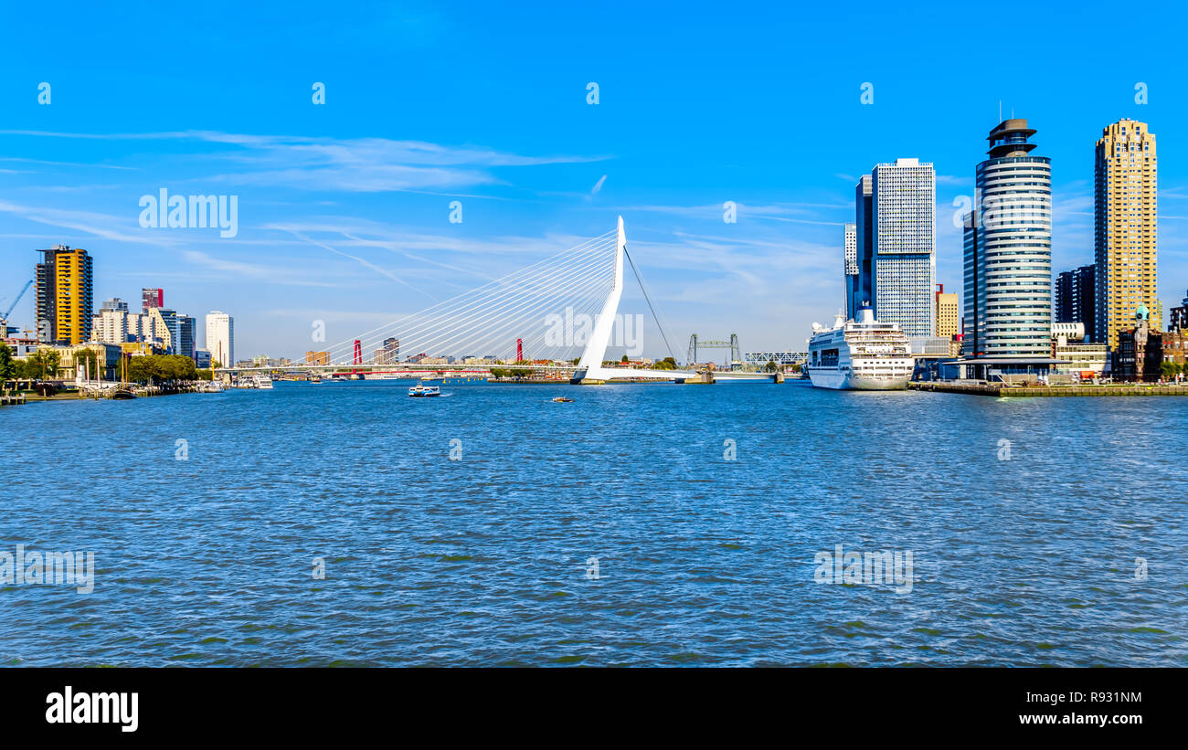 Il ponte di Erasmus e architettonici moderni edifici alti lungo la Nieuwe Maas River a Rotterdam nei Paesi Bassi Foto Stock