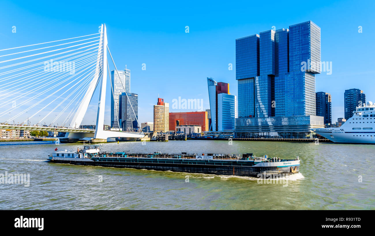 Reno barcone sul Nieuwe Maas con ponte di Erasmus e alti edifici moderni a Holland Amerikakade cruise terminal di Rotterdam, Olanda Foto Stock