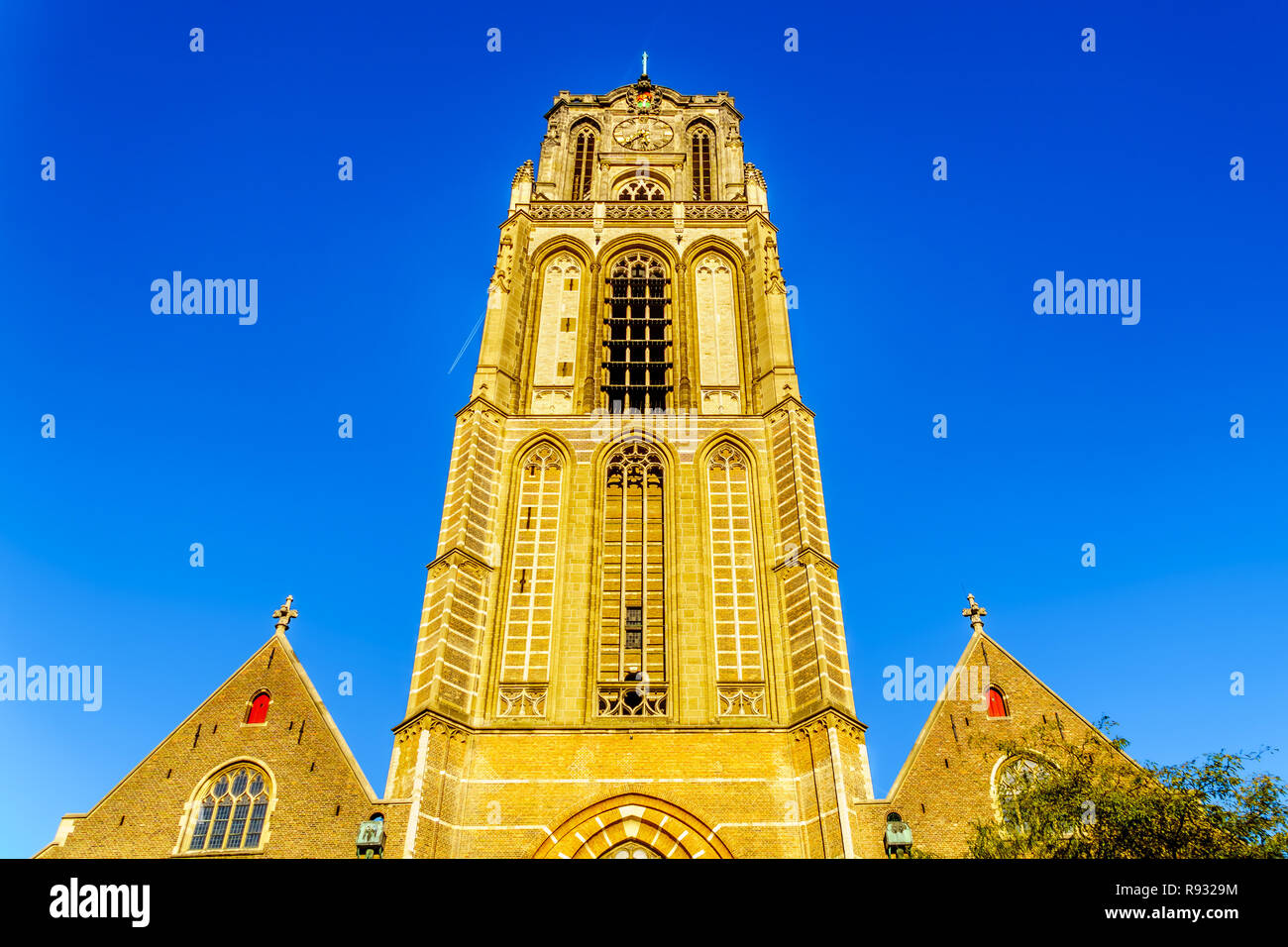 La torre medievale di Saint Laurens chiesa nel centro del famoso porto di Rotterdam mercato vicino Piazza del Municipio nei Paesi Bassi Foto Stock