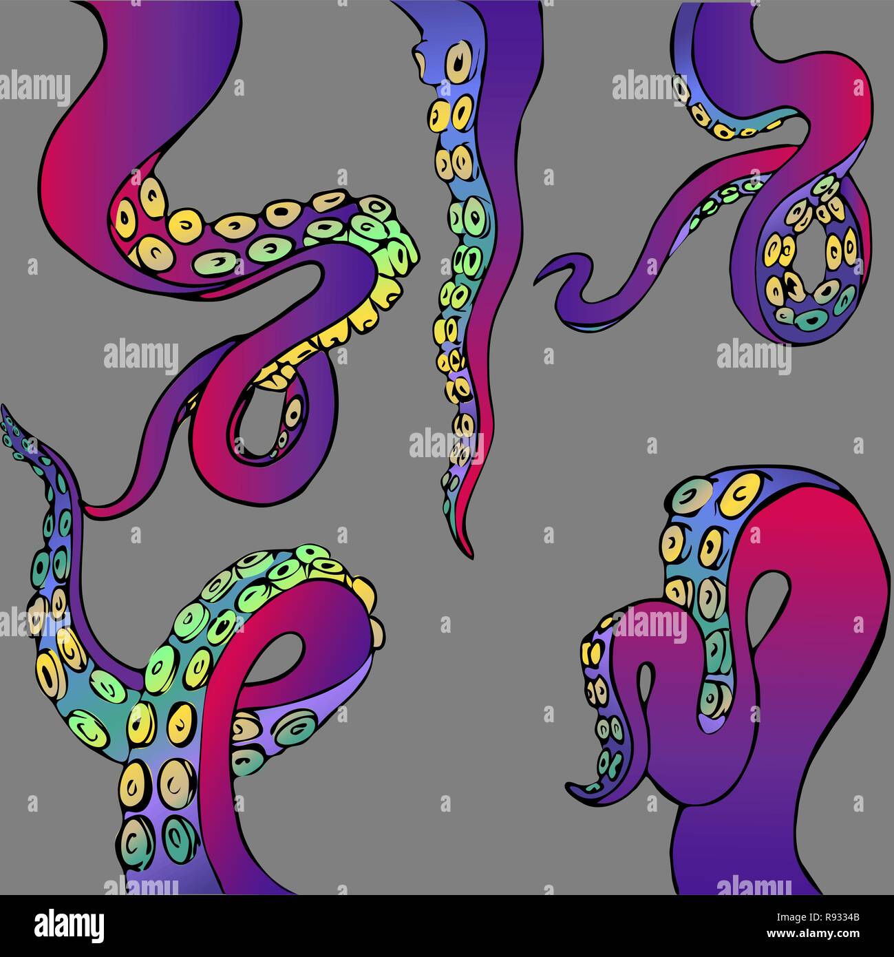 Set futuristico con colorati tentacoli di un polipo frame, motivo Oceano flat Cartoon carino illustrazione per il web e la stampa, grazioso decor. Illustrazione Vettoriale