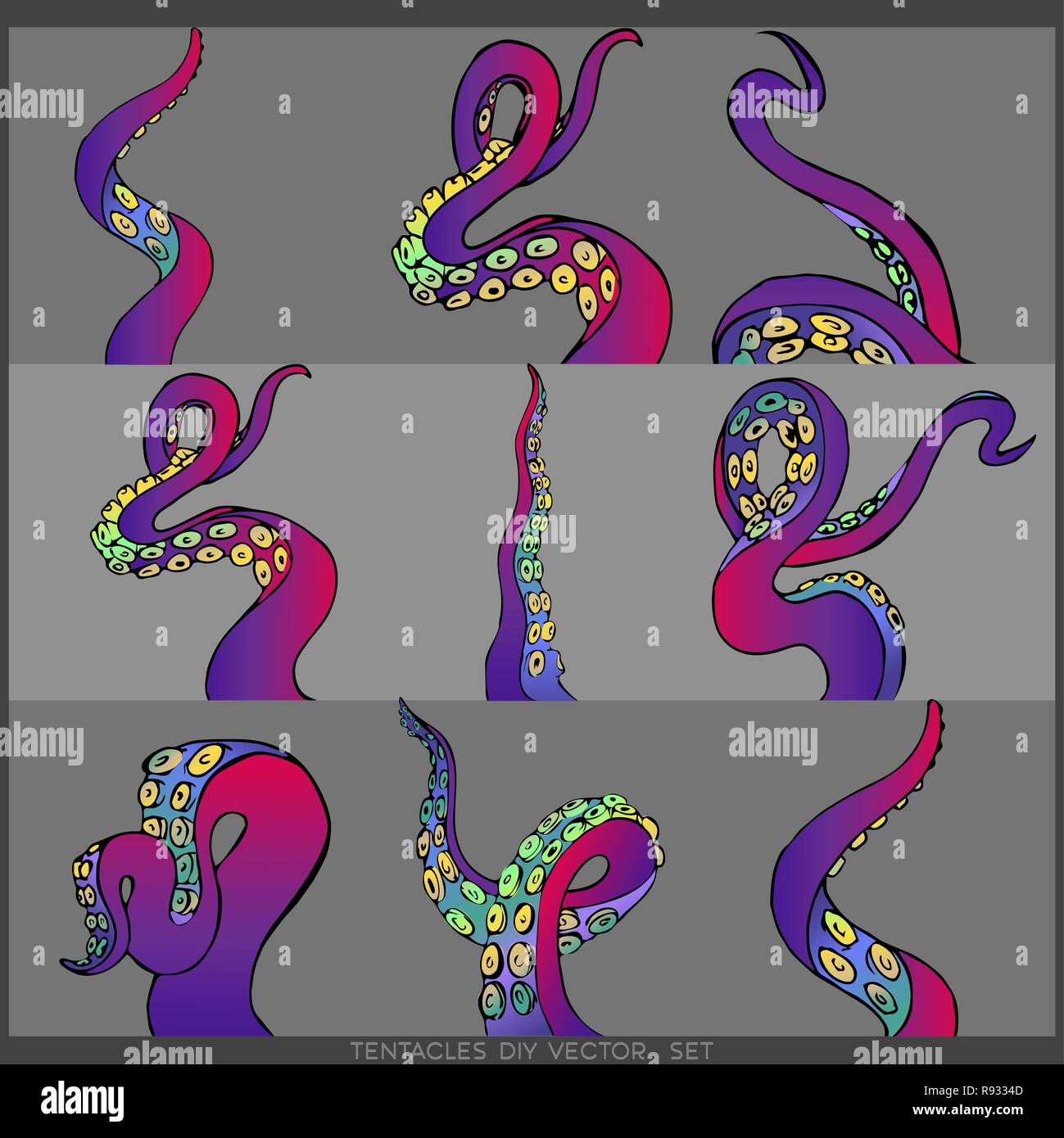 Set futuristico con nove tentacoli colorati di un telaio di polpo, oceano motive flat Cartoon carino illustrazione per il web e la stampa, grazioso decor. Illustrazione Vettoriale