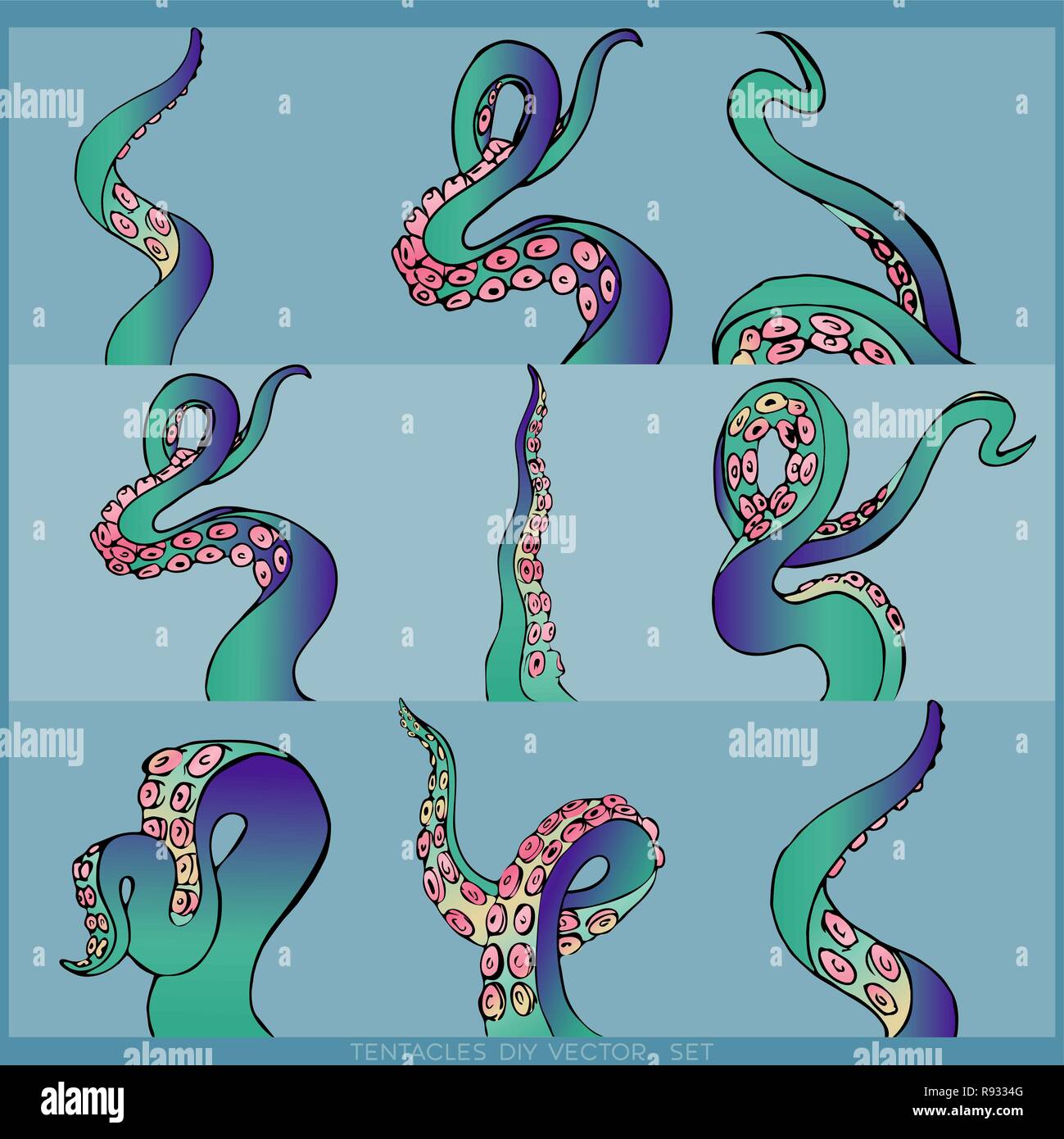 Verde, porpora e giallo set di nione tentacoli di un polipo frame, motivo Oceano flat Cartoon carino illustrazione per il web e la stampa, grazioso decor. Illustrazione Vettoriale