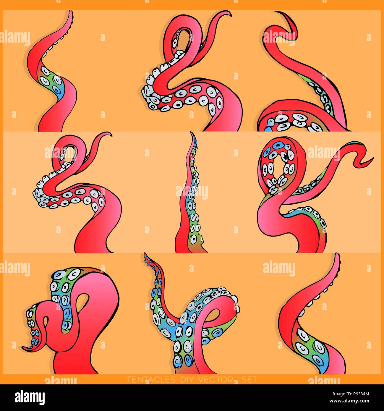 Rosa gialla set di tentacoli di un polipo frame, motivo Oceano flat Cartoon carino illustrazione per il web e la stampa, grazioso decor. Illustrazione Vettoriale