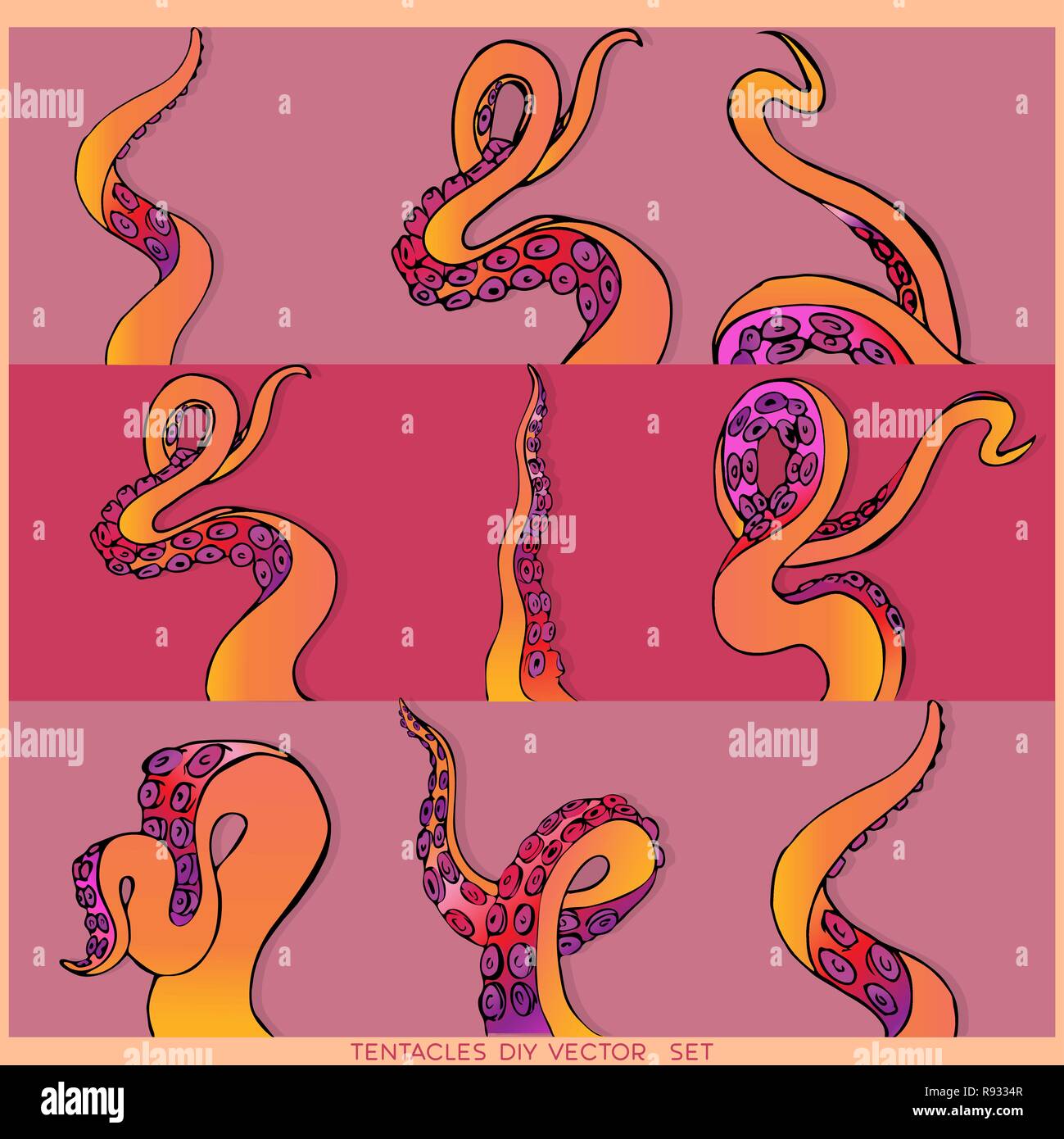Rosa gialla insieme di nove tentacoli di un polipo frame, motivo Oceano flat Cartoon carino illustrazione per il web e la stampa, grazioso decor. Illustrazione Vettoriale