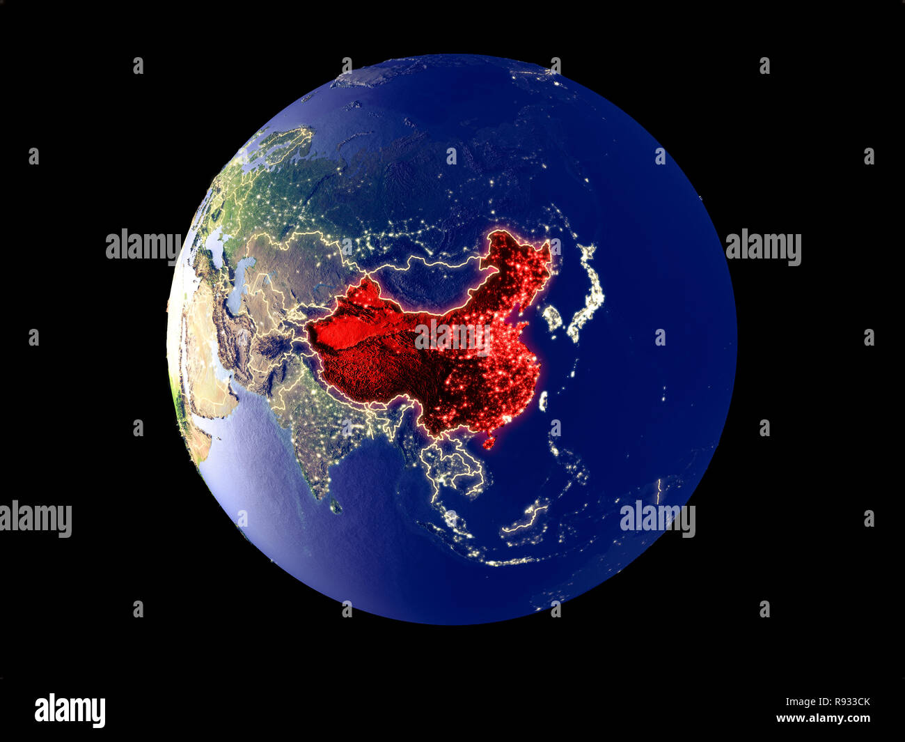 Cina dallo spazio sul modello del pianeta Terra con le luci della città. Molto bene i dettagli del mondo di plastica superficie e città. 3D'illustrazione. Elementi di th Foto Stock
