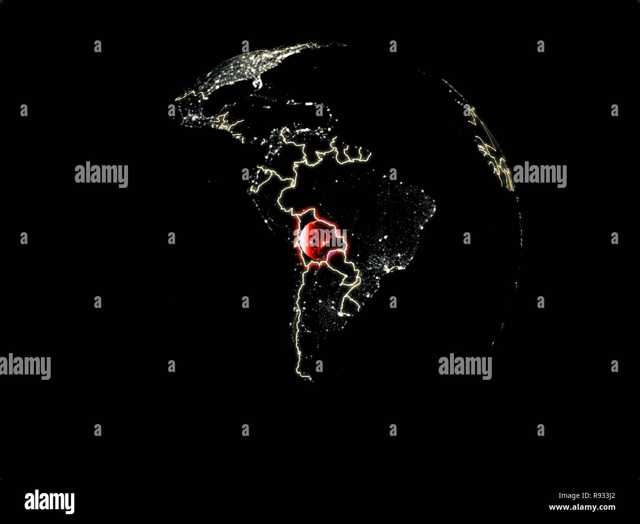 Bolivia dallo spazio sul modello del pianeta Terra con le luci della città. Molto bene i dettagli del mondo di plastica superficie e città. 3D'illustrazione. Elementi del Foto Stock
