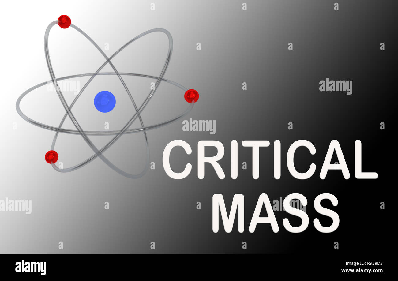 3D illustrazione di un atomo con la massa critica titolo, isolato su un gradiente bianco e nero. Foto Stock
