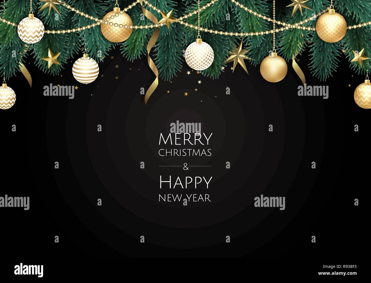 Buon Natale e Felice Anno Nuovo. Xmas sfondo con scatola regalo, fiocchi di neve e le sfere di design. Illustrazione Vettoriale