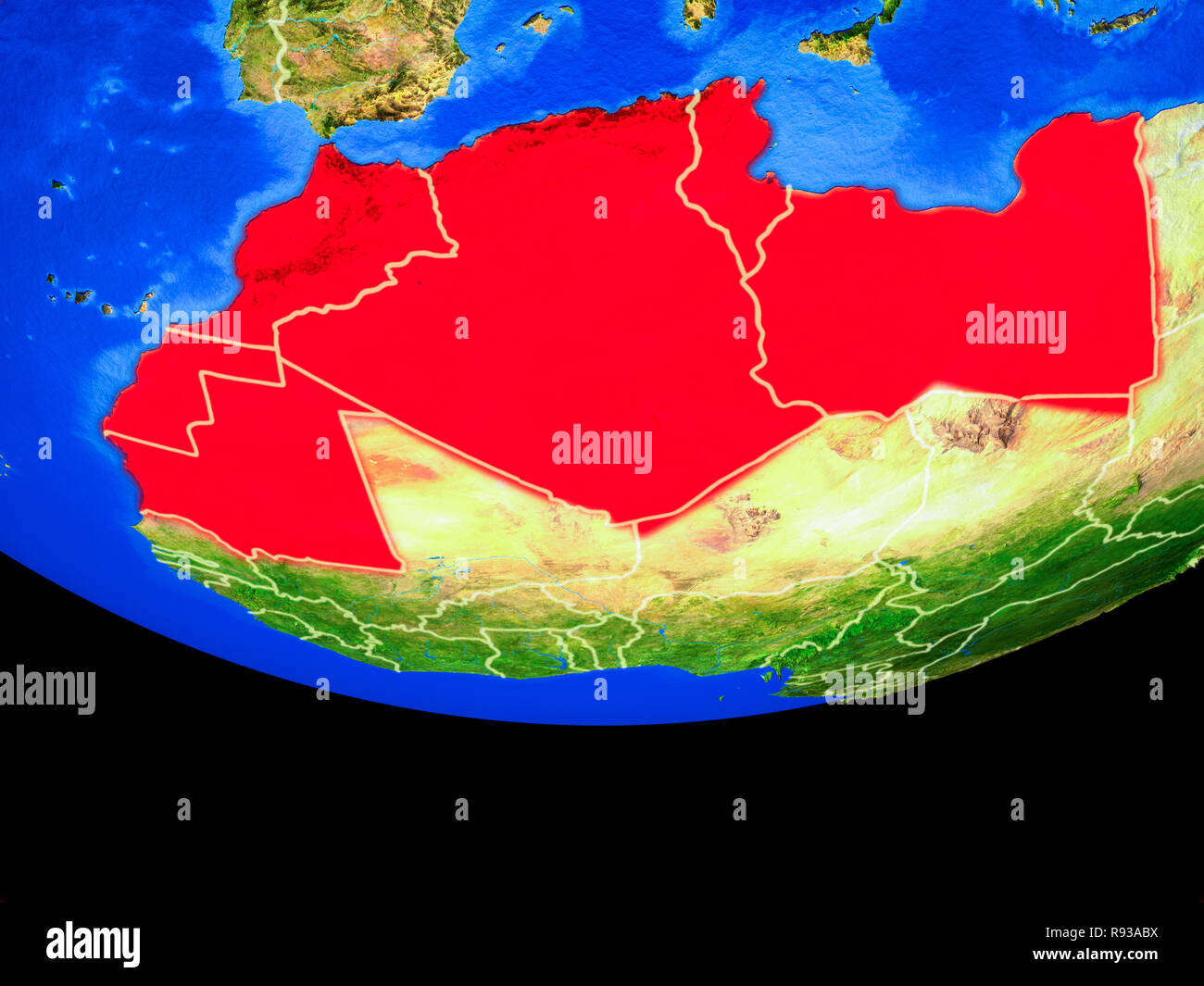 Regione del Maghreb dallo spazio sul modello del pianeta Terra con i confini. 3D'illustrazione. Gli elementi di questa immagine fornita dalla NASA. Foto Stock