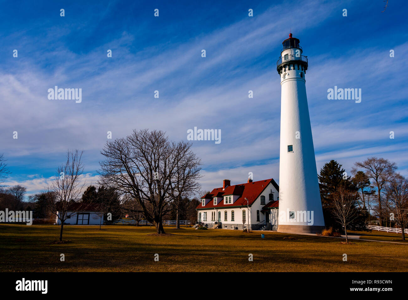 La luce diurna colpo di vento Point Lighthouse in vento Point, WI, Stati Uniti. Foto Stock