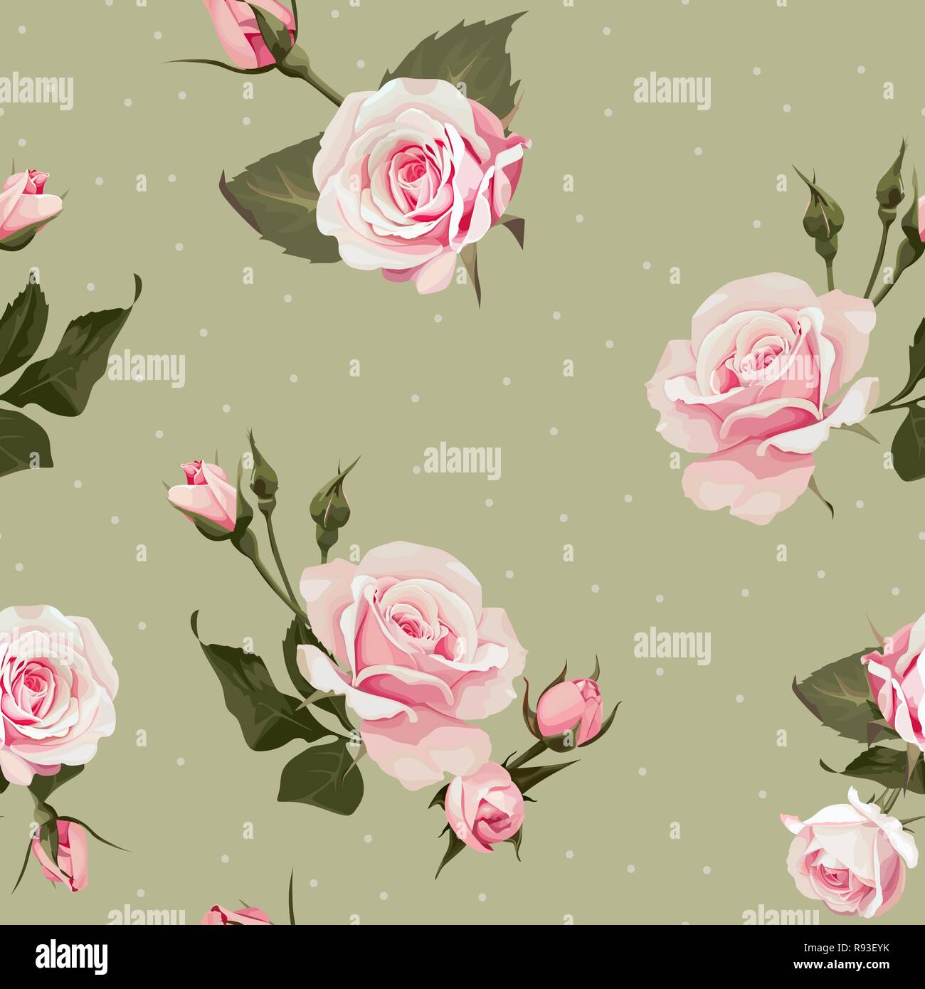 Vector floral pattern senza soluzione di continuità con il rosa rose fiori a pois con sfondo di oliva Illustrazione Vettoriale