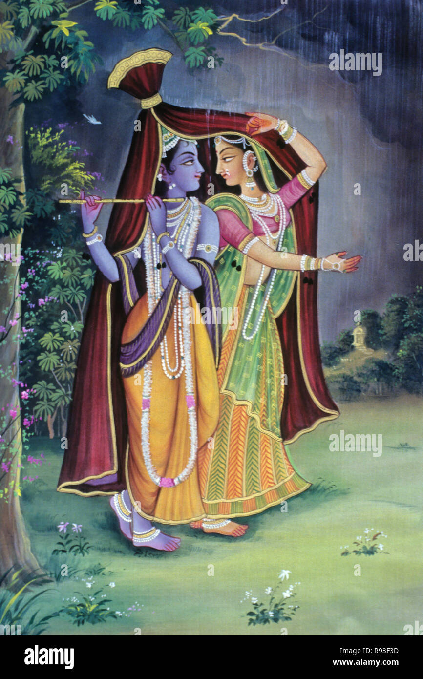 Radha Krishna in pioggia sotto tela pittura ombrello Foto Stock