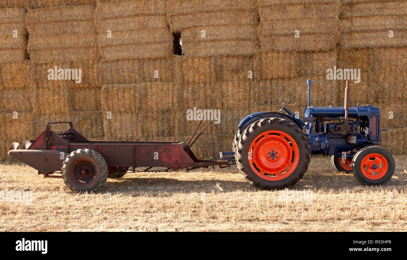 Un vintage Fordson trattore che traina un muck spandiconcime Foto Stock