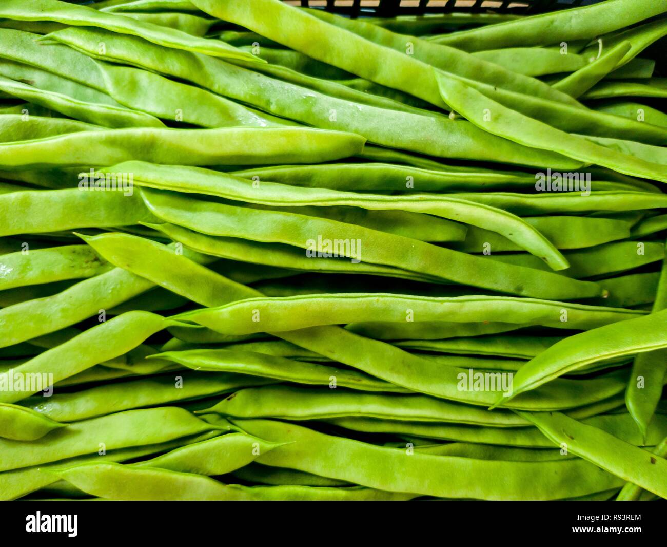 Chiudere l immagine di un sacco di fagioli verdi nel mercato. Posizione orizzontale Foto Stock