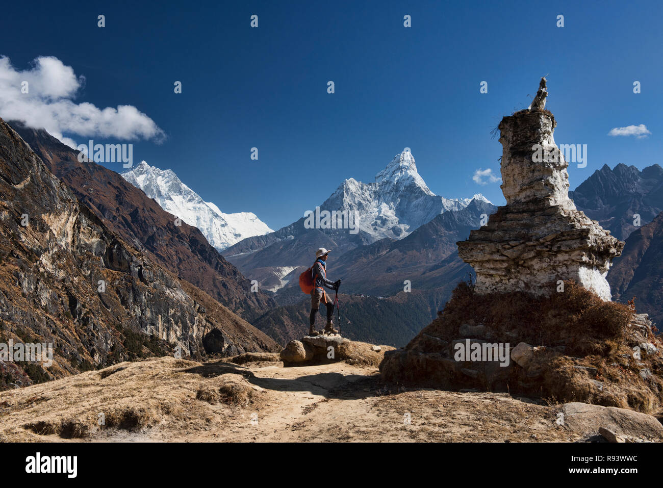 Ama Dablam sorge sopra la valle del Khumbu, Everest regione, Nepal Foto Stock