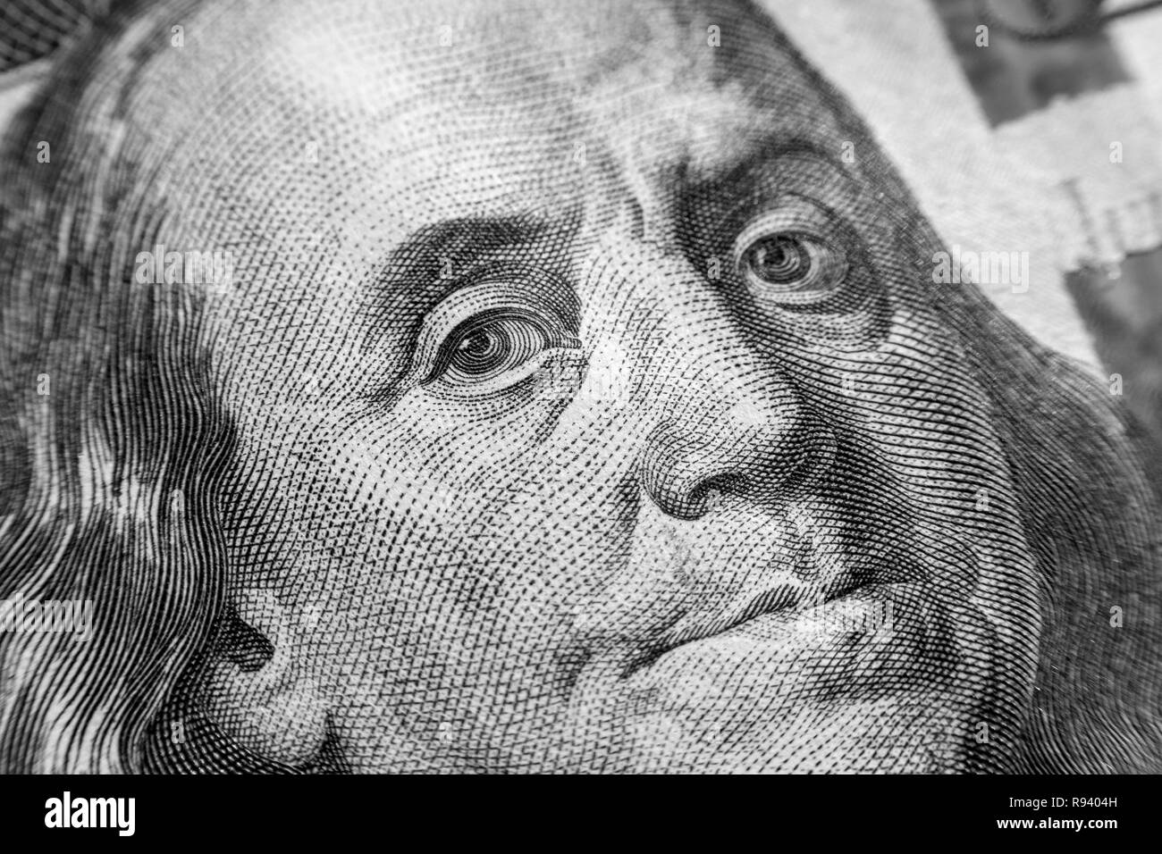Benjamin Franklin di fronte a noi un centinaio di dollari macro isolato, Stati Uniti denaro closeup. Foto Stock
