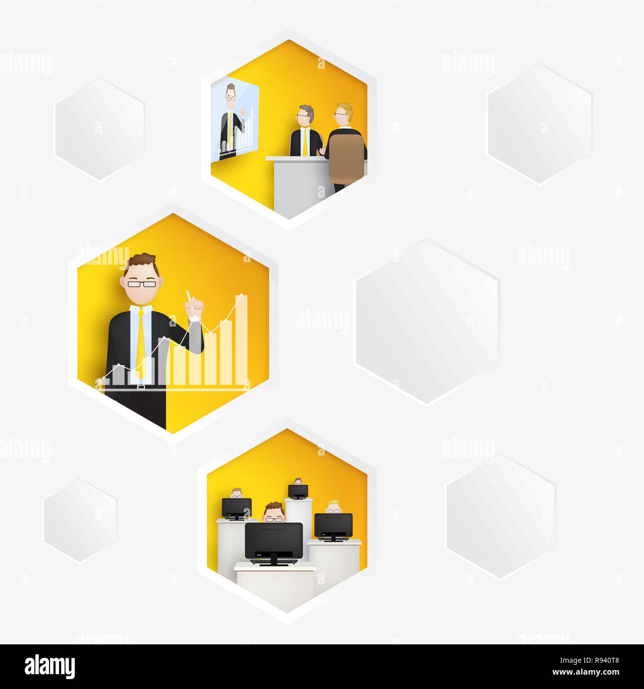 Imprenditore lavoro in ufficio, beehive, le attività dei lavoratori nella sala esagonale. Illustrazione Vettoriale per la concezione di business. Illustrazione Vettoriale