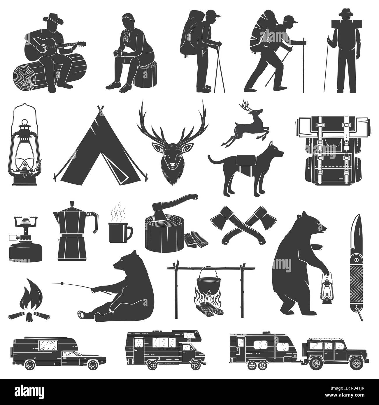 Set di icone di campeggio isolato su uno sfondo bianco. Illustrazione Vettoriale. Illustrazione Vettoriale
